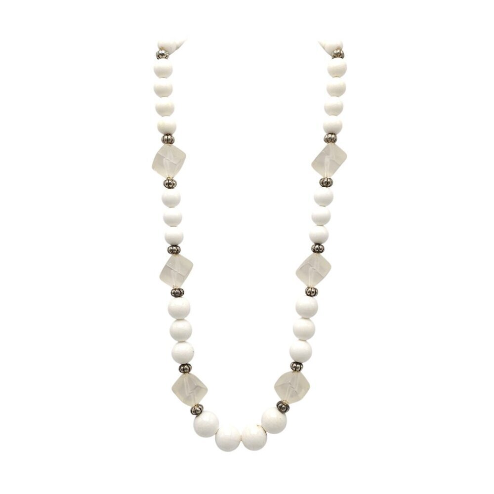 Vintage White Beaded Necklace With Frosted Bead Accents Silver Tone Spacers